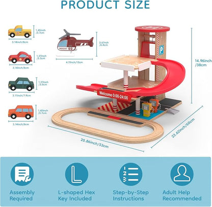 Wooden Parking Garage Toy Set for Toddlers Ages 3-5 - Hand-Crank Elevator & Spiral Ramp Track, Compatible with Standard Train Tracks, Birthday for Boys and Girls