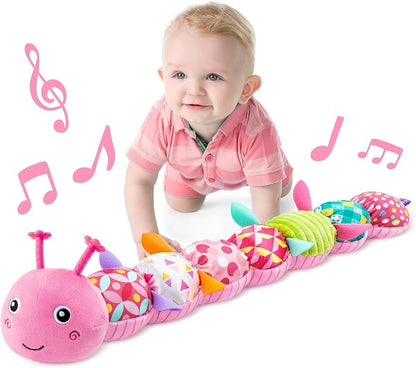 LIGHTDESIRE Baby Toys Musical Caterpillar,Infant Stuffed Animal Toy with Crinkle and Rattles,Soft Sensory Toys with Textures for Tummy Time Newborn Boys Girls 0 3 6 12 Months(Pink)
