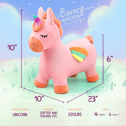 Bouncy Hopper Horse Unicorn Toys, Inflatable Bouncing Animal Hopping Toys, Outdoor Indoor Ride on Bouncer, Boys Girls Birthday Gift for 18 Month 2 3 4 5 6 Year Old Kid- Plush Unicorn Toy