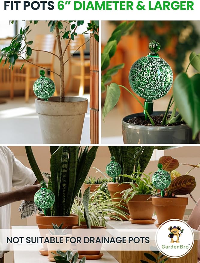 16 Oz Plant Watering Globes for Indoor Plants with Metal Self Watering Planter Insert - Premium XL Glass Hand-Blown Globe - Automatic Plant Waterer Indoor, Gift Idea for Gardeners [1 Globe, Mosaic]