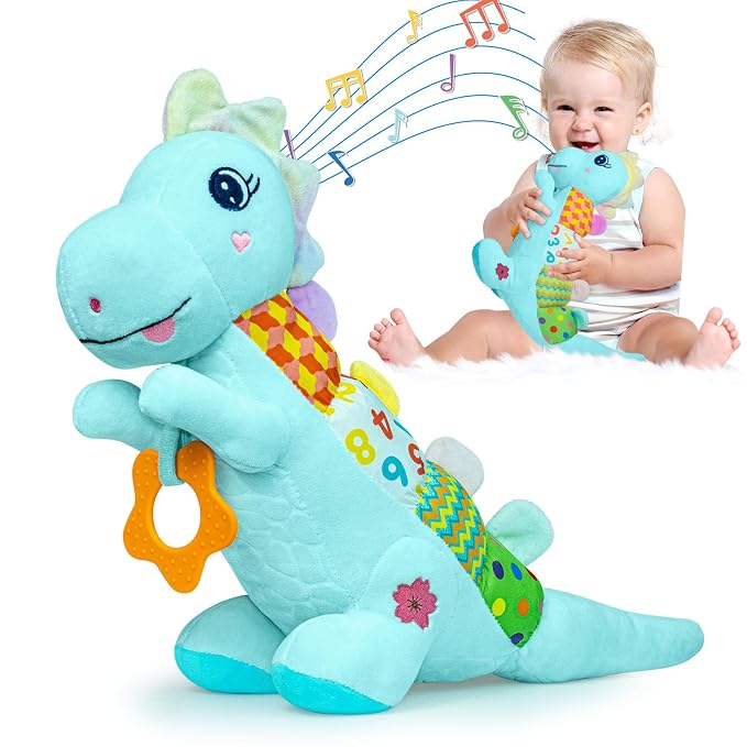 Baby Dino Musical Stuffed Animal Toys for 0-3-6-9-12 Months，Infant Dinosaur Tummy Time Toys with Crinkle Sound Paper,Teether，Textures & Rattles for Newborn Boys Girls Birthday Gifts，Blue