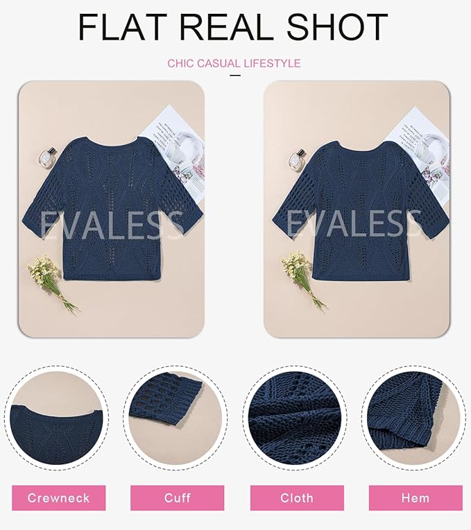 EVALESS Womens Crochet Hollow Out Knit Tops Half Sleeve Spring Summer Sweaters Beach Cover Ups for Women Trendy 2026