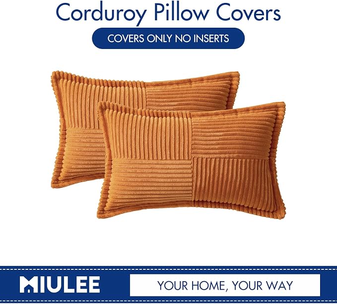 MIULEE Fall Burnt Orange Decorative Lumbar Throw Pillow Covers for Couch Bed Livingroom 12x20 Inch Set of 2 Boho Accent Throw Pllows Broadside Striped Patchwork Soft Corduroy Pillowcases