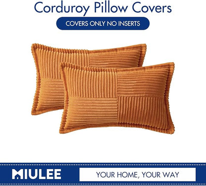 MIULEE Fall Burnt Orange Decorative Lumbar Throw Pillow Covers for Couch Bed Livingroom 12x20 Inch Set of 2 Boho Accent Throw Pllows Broadside Striped Patchwork Soft Corduroy Pillowcases