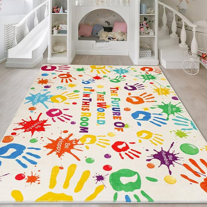 Colorful Kids Rug, Washable Rug for Kids, Handprints Area Rugs for Kids Bedroom, Non-Slip Play Mat Ultra Soft Thick Indoor Plush Rugs for Playroom Classroom Nursery Decor (78.7 X 59 INCH)