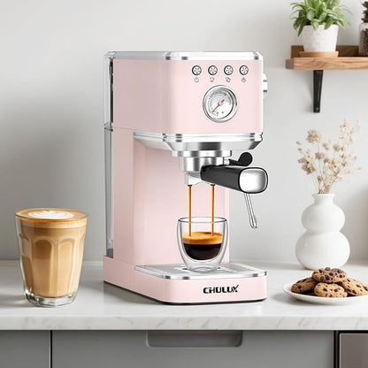 CHULUX Slim Espresso Machine with Milk Frother for Home Cappuccino, Pink | Precise Pressure Gauge, Food-Grade Materials, 20 Bar Italian Pump, Professional Temperature Control System, Stainless Steel