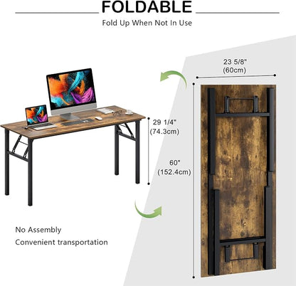 Need Office Computer Desk 60 Inch Sturdy Folding Laptop Table Retro | Black Frame Writing Gaming Work Table/Foldable Home Office Desk/Sewing Table, No Assembly Required