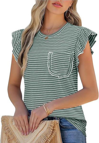 JUSTFASHIONNOW Womens Summer Tops Striped T-Shirts 2026 Ruffle Short Sleeve Crew Neck Casual Blouses with Pocket