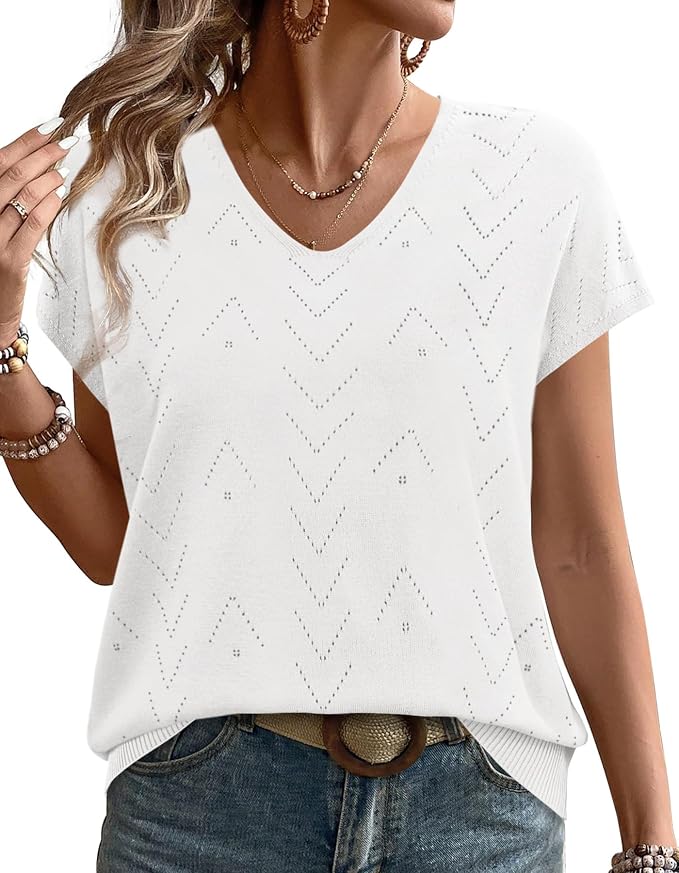 WIHOLL Short Sleeve Sweater for Women V Neck Trendy Cute Tops Business Casual Outfits Cap Sleeve