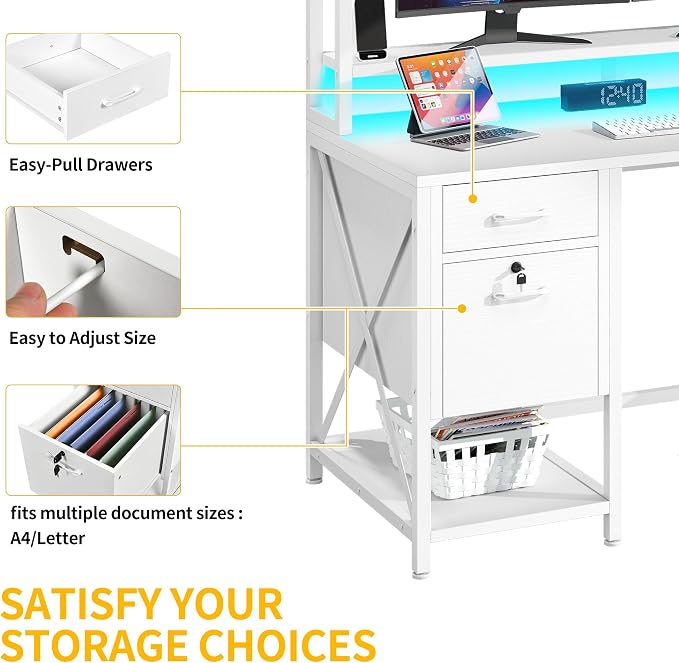 DWVO Computer Desk with Drawers & Hutch, 59.1" Office Desk with Power Outlets & LED Lights, Home Office Desk with Storage Shelves, White | Built-In Power Outlets, Led Lights, Hutch Shelves, Storage Drawers, for Home Office Work Study, Easy Assembly