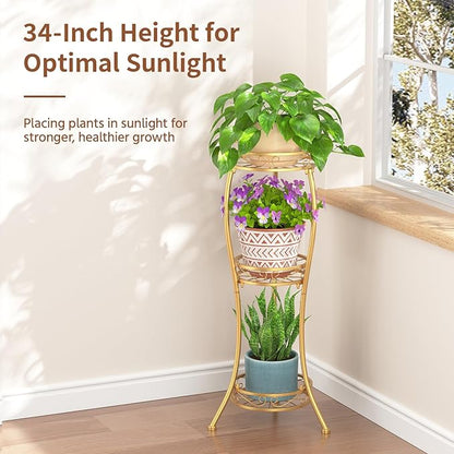LASZOLA Gold 3 Tier Tall Plant Stand for Indoor Outdoor, Large Multiple Level Flower Planter Holder Organizer Rack for Patio Office Bathroom Corner Floor, Sturdy Heavy Duty Metal, Vertical Display