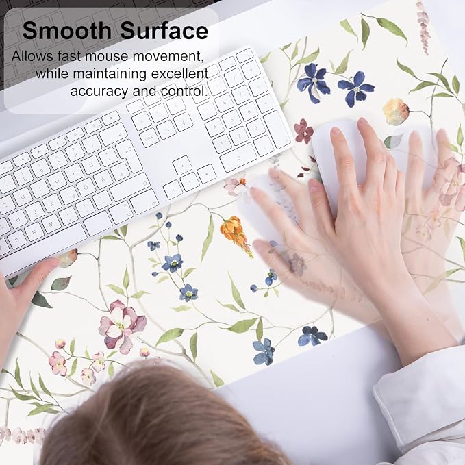 QIYI Floral Mouse Pad, Large Desk Mat for Desktop, Women Girls Watercolor Flowers Office Décor Desk Accessories, PU Leather Waterproof Gaming Mousepad, Wildflowers Desk Pad Computer Mat, 31.5" x 11.8"