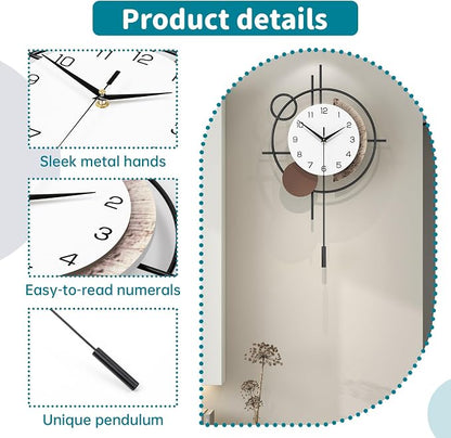 Wall Clock Decorative Modern Wall Clocks with Pendulum Silent Non-Ticking Quartz Clock Battery Operated Large Clock for Living Room,Kitchen,Home,Bathroom,Bedroom Wall Art Decor