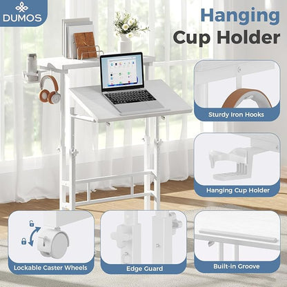 DUMOS Rolling Standing Desk, Sit Stand Desk, Computer Cart | Manual Height Adjustable, Split Top Mobile, Laptop Workstation, Portable Home Office, Walking Pad Study Surface, White