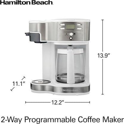 Hamilton Beach 2-Way Programmable Coffee Maker & Single Serve Coffee Maker | 12 Cup Glass Carafe | White with Stainless Steel Accents | 49933