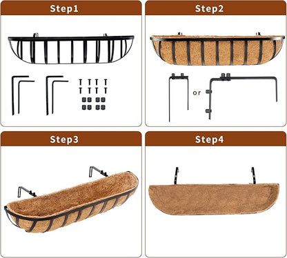 2pcs 30' Planter, Metal Window Box with Coco Liner, Wall Planter for Outdoor Indoor Balcony, Rustic Horse Trough Style