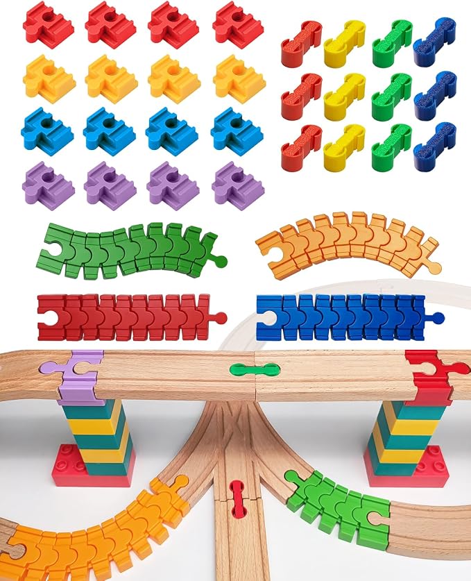 Wooden Train Track Accessories Set, 32 pcs Track Connector, Compatible with All Major Brands Train Tracks, Christmas Birthday Gift for Boys Girls, Trains Toys Expansion Pack for Kids Ages 3+