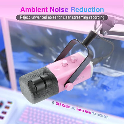 FIFINE AmpliGame AM8P XLR/USB Dynamic Microphone for Gaming Recording | PC Microphone with Controllable RGB, Headphones Jack, Mute Button, for Streaming Podcasting Voice-Over YouTube Video, Pink
