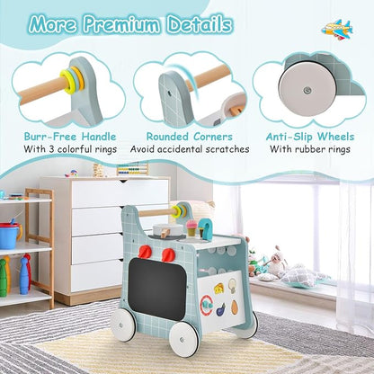 HONEY JOY Baby Push Walker, 6-in-1 Wooden Play Kitchen Walker Activity Center w/Shape Sorter & Blackboard, Develop Motor Skills, Push Toys for Babies Learning to Walk, Gift for Boys and Girls (Blue)