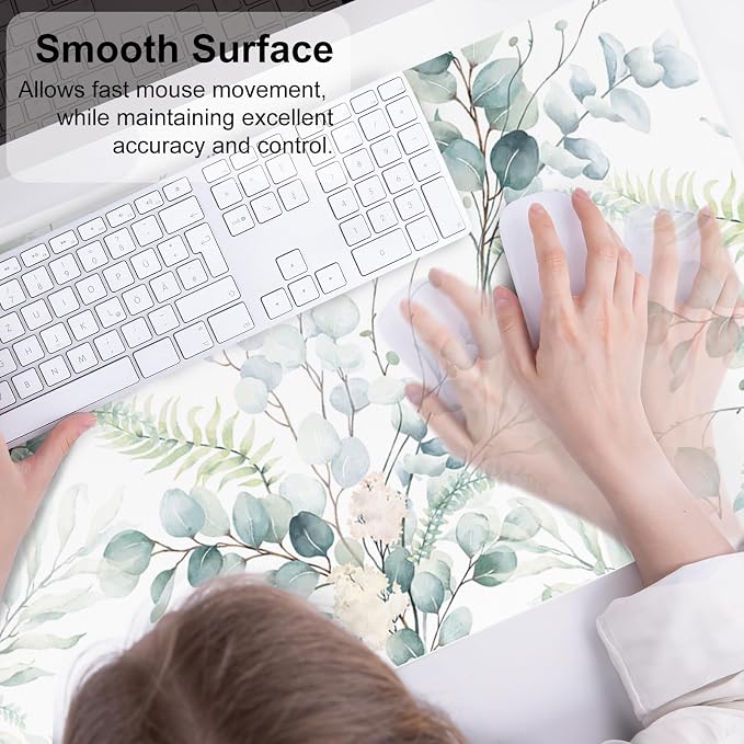 QIYI Large Mouse Pad for Desk, Cute Desk Mat for Desktop, Women Girls Green Office Décor Desk Accessories, PU Leather Waterproof Gaming Mousepad, Eucalyptus Leaf Desk Pad Computer Mat, 31.5" x 15.7"