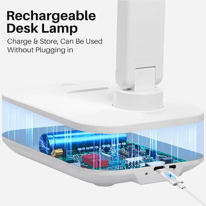 LED Desk Lamp Dimmable Double Head Reading Lamp with USB Charging Port, 3 Lighting Modes, Sensitive Control, Eye-Caring Office Lamp for Study Reading Drafting (White)