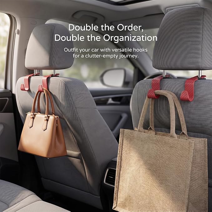 4PCS Car Seat Headrest Hooks, Auto Back Seat Hanger Holder, Durable Stylish Vehicle Organizer Universal Car Interior Accessories, Storage Hooks for Purses, Bags, Clothes (Carbon Fiber/Red)