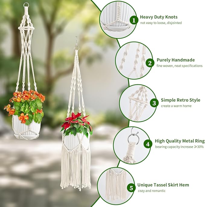 Macrame Plant Hangers, 6Pack Hanging Plant Holders Indoor w/ 6 Set Hooks Handmade Cotton Rope Plant Hangers Set Flower Pots Holder Stand Boho Home Decor Hanging Planters for Indoor Outdoor Plants