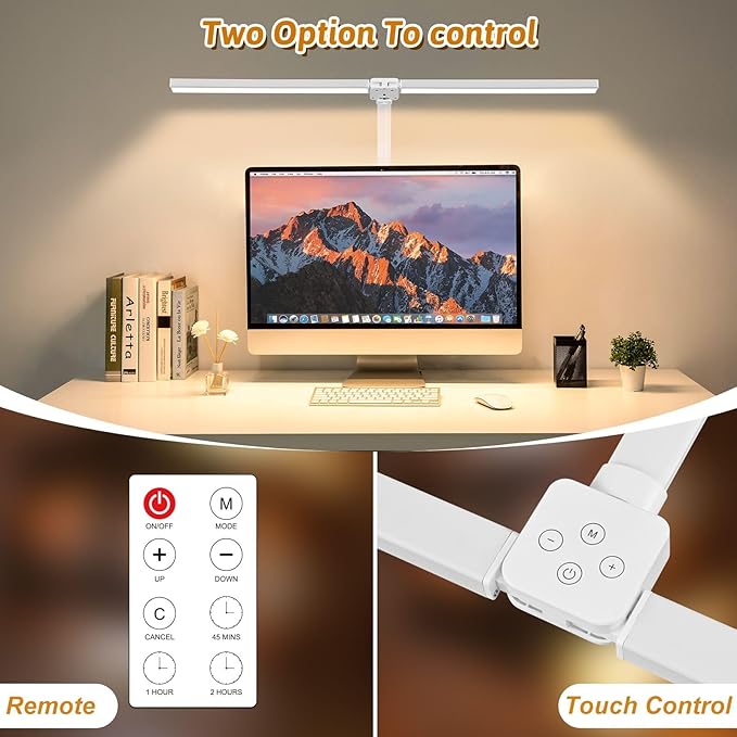 LED Desk Lamp with Clamp, Dual Head Monitor Light, Remote | 24W Dimmable Eye-Caring Task Lamp with Timer, Anti-Glare Cover and Gooseneck for Home Office Dorm, Workbench and Study
