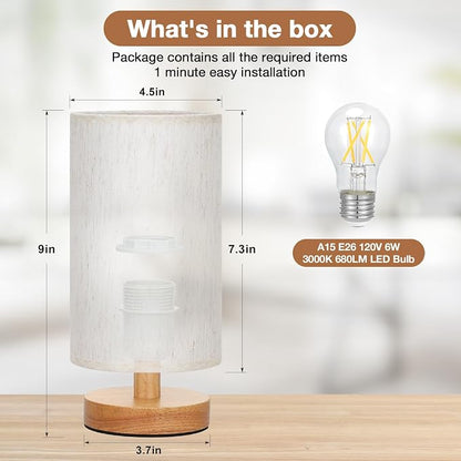 Fenmzee 9" Small Table Lamp for Bedroom - Inline Control with 3000K Blub | Cream Shade and Wood Base | 680 Lumens | Easy Assembly | Minimalist Design | E26 | for Kitchen | for Kids Room