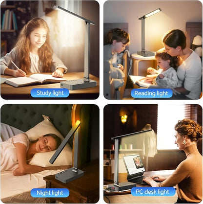 LAOPAO Desk Lamp with USB Charging Port: Power Strip with Surge Protection - 1 Type-C, 1 USB-A Charging Port, 2 AC Power Outlets, Desk Lamps for Home Office College Dorm Room Essentials