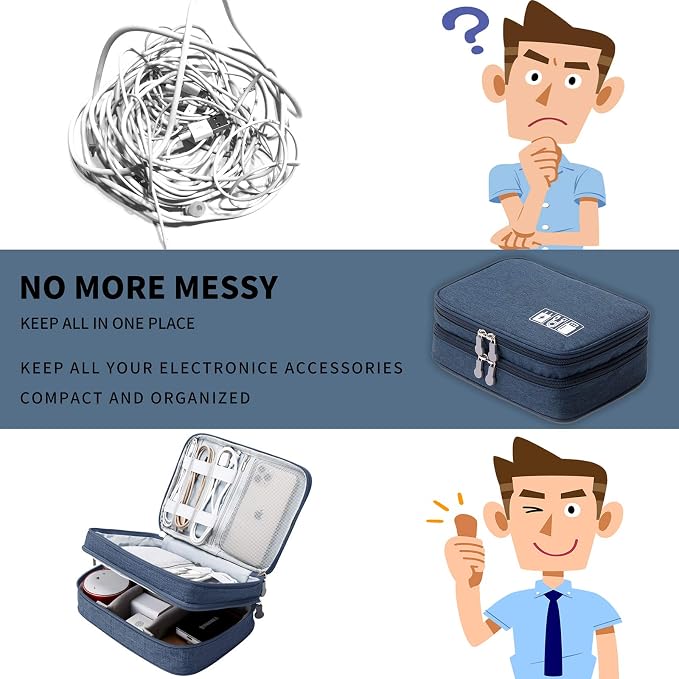 Lanola Travel Cable Organizer Bag, Electronic Accessories Case Portable Double Layer Cable Storage Bag for Cord, Charger, Flash Drive, Phone, SD Card,Personal Items - (Dark Blue)