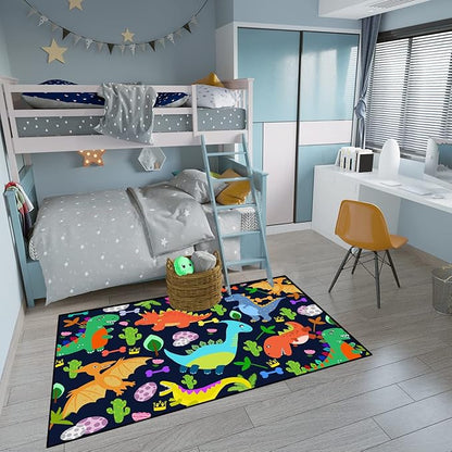 Dinosaur Rug for Boys Room Cartoon Dinosaur Area Rugs Kids Rug Dinosaur Rug Kids Play Rug Dinosaur Play Rug for Bedroom and Kidroom Playing Room,Dark Blue 4'×5'