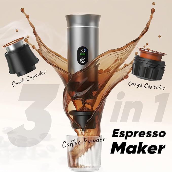 Portable Self-Heating Espresso Maker for Ground Coffee and Capsules | Rechargeable 80 ml travel coffee machine for camping, road trips and car use