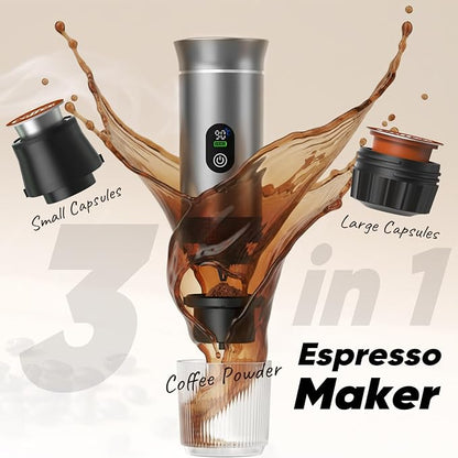 Portable Self-Heating Espresso Maker for Ground Coffee and Capsules | Rechargeable 80 ml travel coffee machine for camping, road trips and car use