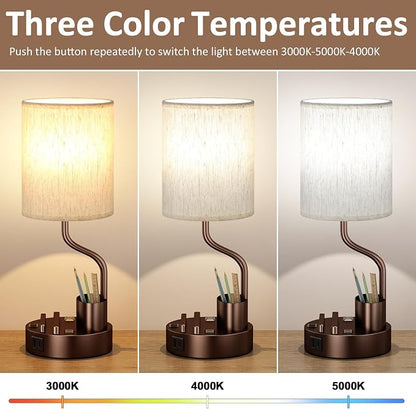 Fenmzee Bedside Lamps for Bedroom Set of 2 - Table Desk Lamp for Nightstand | 15" Table Lamp for Living Room with Pen Holder & Phone Stand, USB A+C Port, AC Outlet, 3 Color Temperature, LED Bulb Included