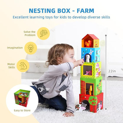 OOOK Montessori Toys for 1 Year Old, 7 in 1 Learning Educational Kit with Sensory Bin,Nesting Box, 3 in 1 Educational Box,Pounding Bench and Baby Stacking Cups