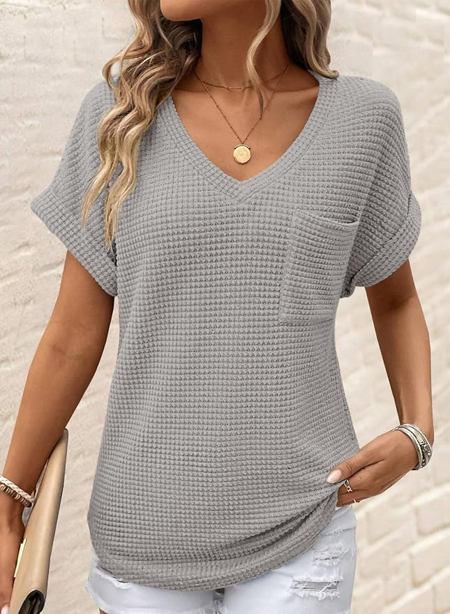 Dokotoo Womens Waffle Knit Tops 2026 Spring Summer V Neck Shirts Casual Trendy Women's Blouses Basic Tee