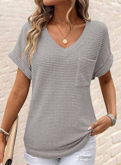 Dokotoo Womens Waffle Knit Tops 2026 Spring Summer V Neck Shirts Casual Trendy Women's Blouses Basic Tee