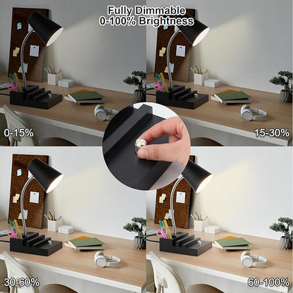 Study Desk Lamp with USB Charging and Type-C Night Light, Gooseneck LED Table Lamp Stepless Dimming Study Table Lamp with Pen Holder for College Dorm Bedroom and Office (Black)
