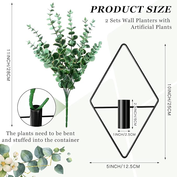 2 Pieces Wall Decor Hanging Planters with Artificial Plants Metal Hanging Vase Indoor Plants Holder Modern Boho Wall Art for Bathroom Bedroom Living Room Decor(Black,Eucalyptus)