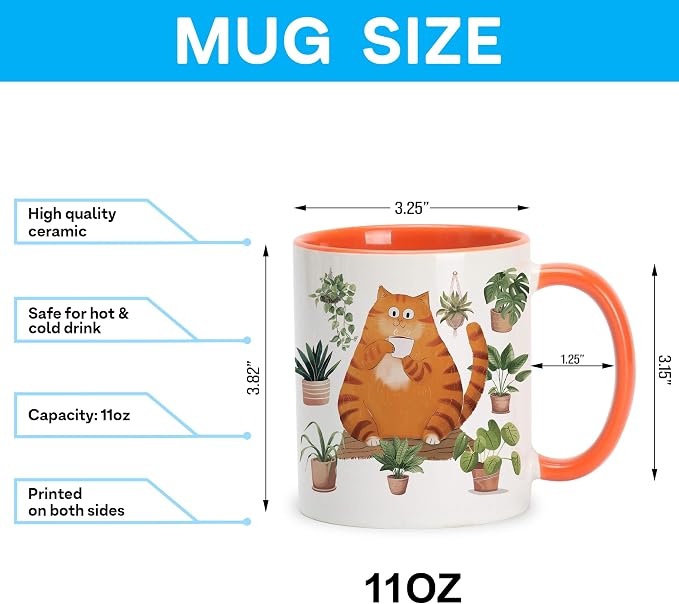Hyturtle Cute Orange Cat Coffee Mug Gifts For Cat Mom, Plant Decor Gifts | Birthday Christmas Gift for Plant Lovers, Gardeners, Premium 11oz Two Tone Orange Ceramic Tea Cup, Perfect for Daily Drinks