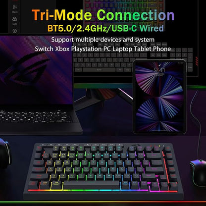 Redragon Wireless Gaming Keyboard, RGB Backlit, Portable 75% Design, Black | Bluetooth/2.4GHz/USB-C Wired, Mini Quiet Macro Membrane Keyboard, Rechargeable 4000mAh Battery, Anti-Ghosting for Win/MAC