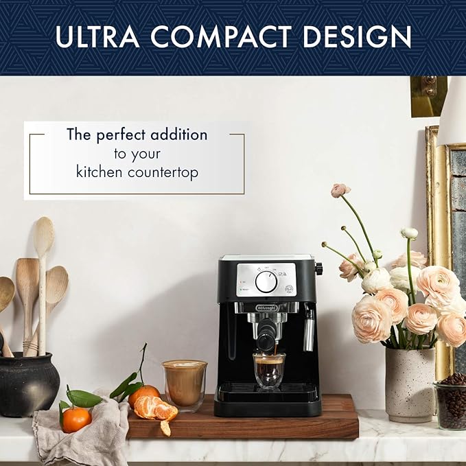 De'Longhi Stilosa Compact Manual Espresso Machine, Manual Milk Frother | #1 Worldwide Espresso Machine Maker, 15 Bar Pump Pressure, Stainless Steel Boiler, Frother, Compact Design