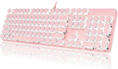YSCP Typewriter Style Mechanical Gaming Keyboard White Backlit Wired with Blue Switch Retro Round Keycap 104 Keys Keyboard (Pink)