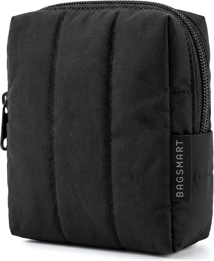 BAGSMART Small Makeup Bag for Women with Slip-in Pocket, Black | For Purse, Toiletry Pouch, Puffy Padded Mini Cosmetics Bag, Travel Essentials, Cute Make Up Pouch with Slip-in Pocket