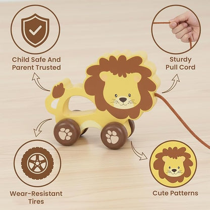 Baby Toys Car,Wooden Pull Along Toddler Toy, Developmental Toy for 1 Year Old Girl Boy Birthday Gift (Lion)