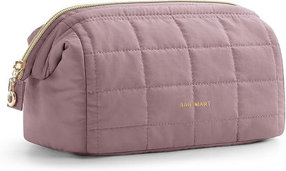 BAGSMART Makeup Bag Travel Toiletry Bag, Wide-open Zipper Pouch, Dusty Rose | Puffy Padded, Travel Essentials, Make Up Bag, For Women, Makeup Organizer, Toiletries Accessories Brushes