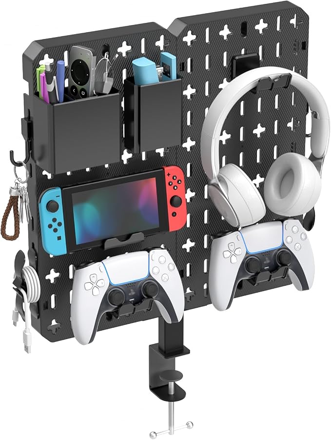 KDD 7 in 1 Clamp-on Desk Pegboard - No Drill Desk Side Storage with Phone Stand/Pen Holder/Storage Box/Headset & Controller Holder/Hooks, Detachable Gaming Pegboard for Office & Home Desktop Organizer