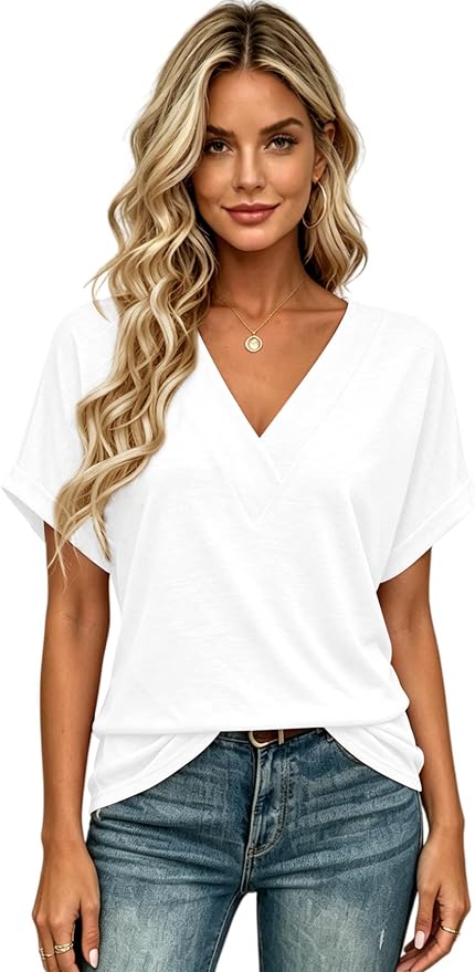 T Shirts Short Sleeve V Neck Tees Womens Tops Beach Vacation Fashion Clothes 2026 Casual Summer Spring Fall Outfits