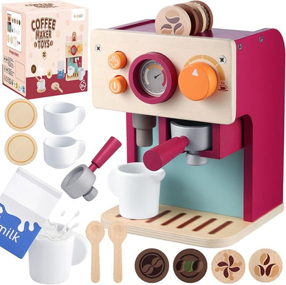 GAGAKU Wooden Coffee Machine Toy for Toddlers, Montessori Learning Toys for 3 4 5 Year Old Girls & Boys, Realistic Pretend Play Kitchen Accessories with Espresso Maker & Latte Art Set